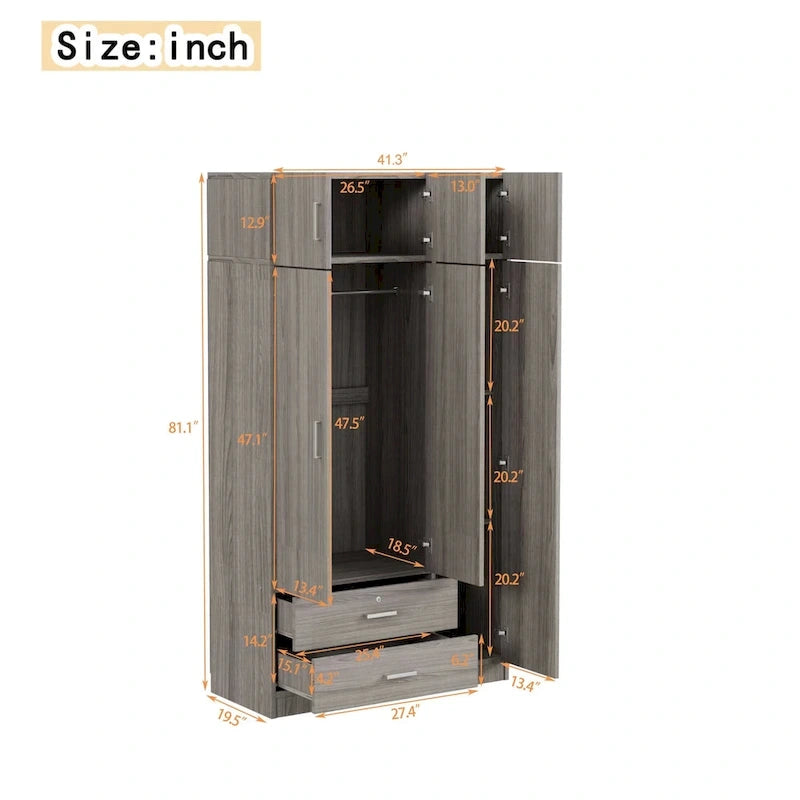 Armoire à trois portes avec miroir, deux tiroirs et un meuble haut