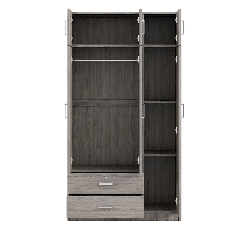 Armoire à trois portes avec miroir, deux tiroirs et un meuble haut