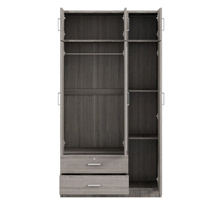 Armoire à trois portes avec miroir, deux tiroirs et un meuble haut