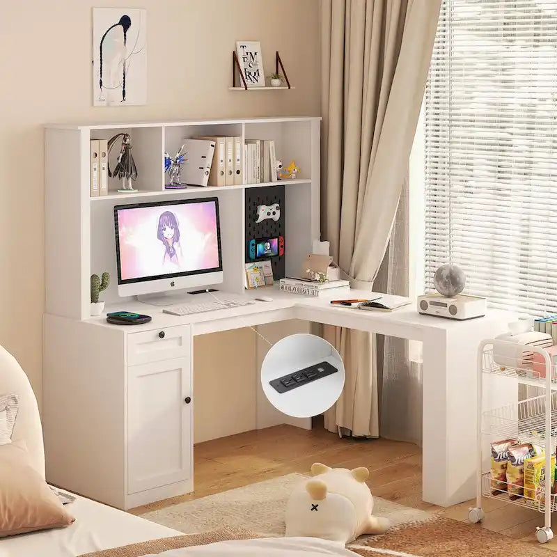 Bureau en L avec prise électrique, bureau d'ordinateur avec tiroirs, bibliothèque et étagère, bureau d'angle moderne, bureau pour bureau à domicile