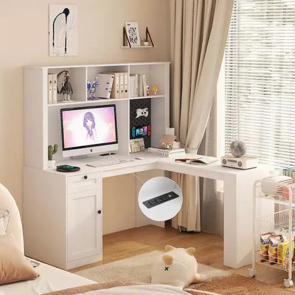Bureau en L avec prise électrique, bureau d'ordinateur avec tiroirs, bibliothèque et étagère, bureau d'angle moderne, bureau pour bureau à domicile