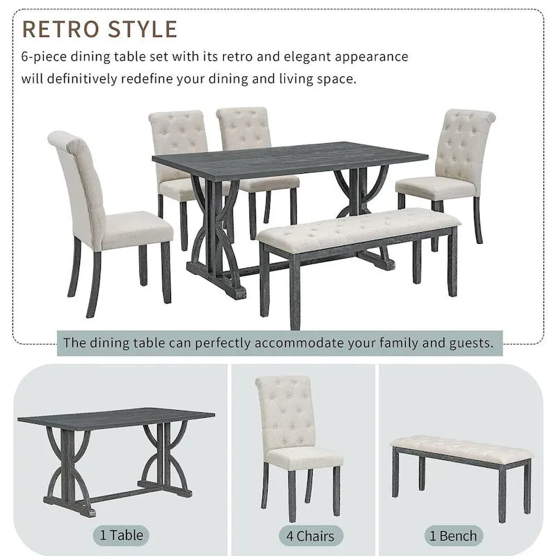 Ensemble de table à manger rectangulaire rétro 6 pièces pour 6 personnes