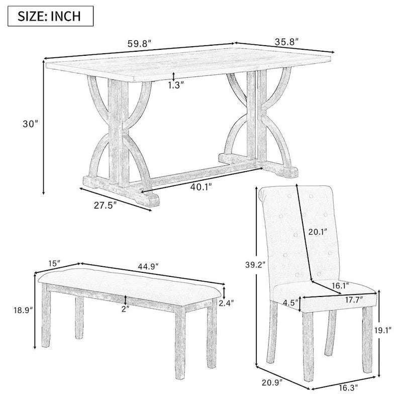 Ensemble de table à manger rectangulaire rétro 6 pièces pour 6 personnes