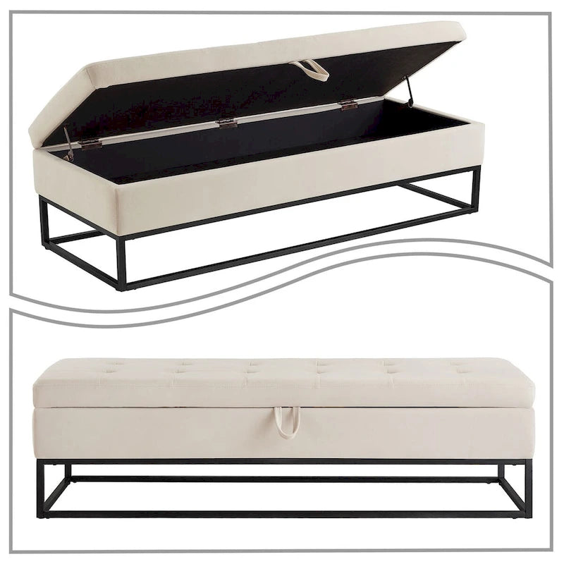 Banc de rangement moderne en velours avec assise relevable