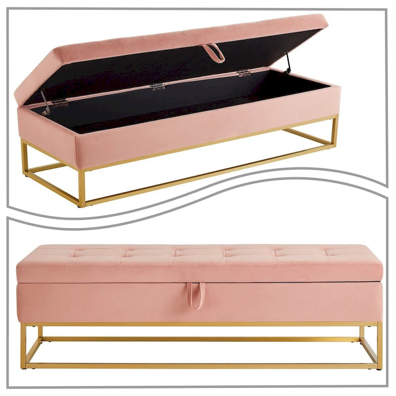 Banc de rangement moderne en velours avec assise relevable