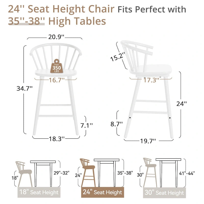 Ensemble de 2 tabourets de bar de 61 cm (24 po) de hauteur comptoir pour îlot de cuisine, en bois massif avec dossier à fuseaux.