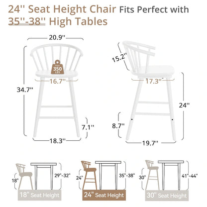 Ensemble de 2 tabourets de bar de 61 cm (24 po) de hauteur comptoir pour îlot de cuisine, en bois massif avec dossier à fuseaux.