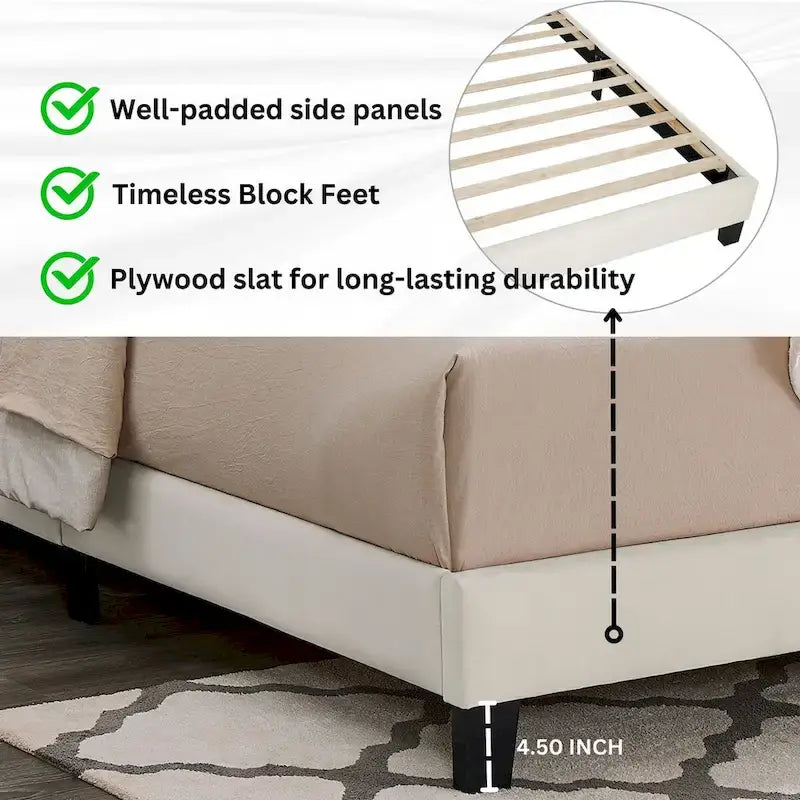 Lit plateforme rembourré 3D Roundhill Findlay Plush, couleur blanc tourterelle