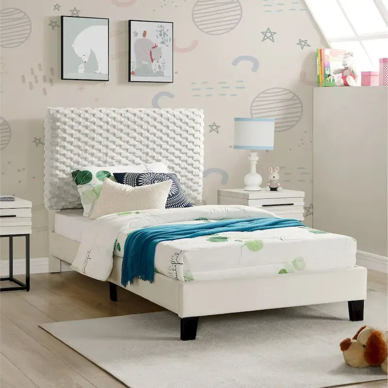 Lit plateforme rembourré 3D Roundhill Findlay Plush, couleur blanc tourterelle