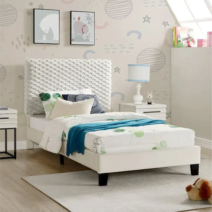 Lit plateforme rembourré 3D Roundhill Findlay Plush, couleur blanc tourterelle