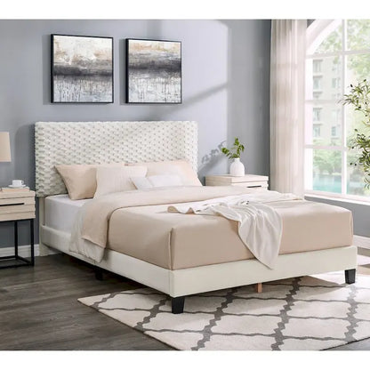 Lit plateforme rembourré 3D Roundhill Findlay Plush, couleur blanc tourterelle
