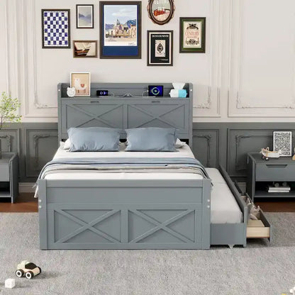 Lit en bois avec rangement, lit gigogne simple et trois tiroirs de rangement