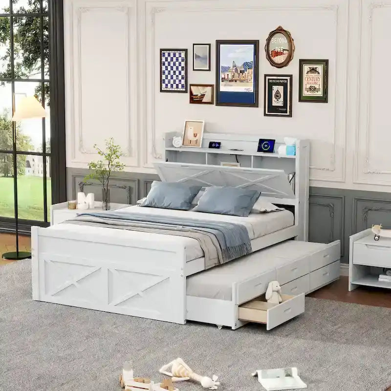 Lit en bois avec rangement, lit gigogne simple et trois tiroirs de rangement