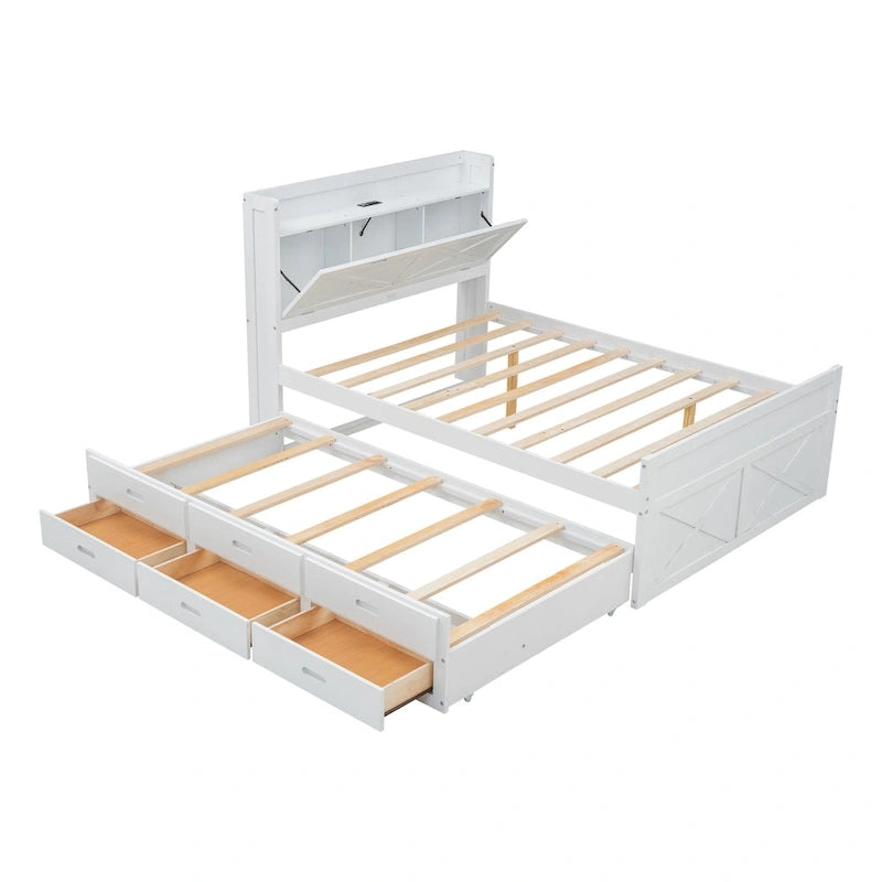 Lit en bois avec rangement, lit gigogne simple et trois tiroirs de rangement