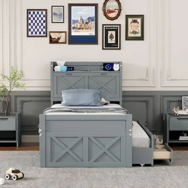 Lit en bois avec rangement, lit gigogne simple et trois tiroirs de rangement