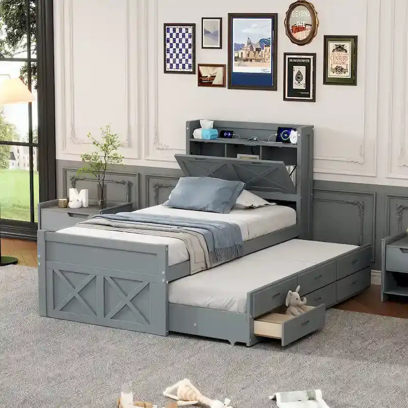 Lit en bois avec rangement, lit gigogne simple et trois tiroirs de rangement