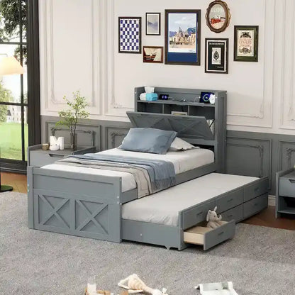 Lit en bois avec rangement, lit gigogne simple et trois tiroirs de rangement