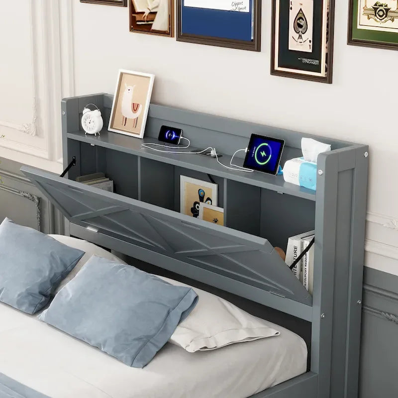 Lit en bois avec rangement, lit gigogne simple et trois tiroirs de rangement