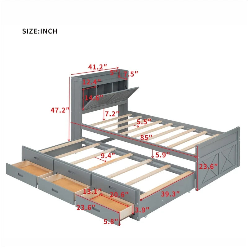 Lit en bois avec rangement, lit gigogne simple et trois tiroirs de rangement