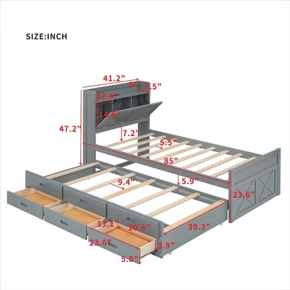 Lit en bois avec rangement, lit gigogne simple et trois tiroirs de rangement