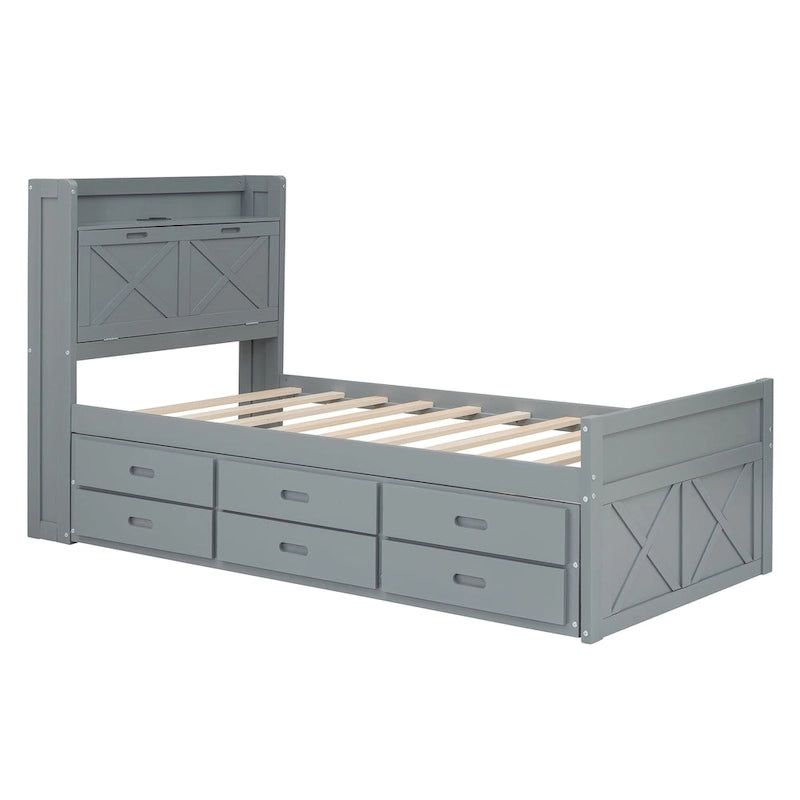 Lit en bois avec rangement, lit gigogne simple et trois tiroirs de rangement