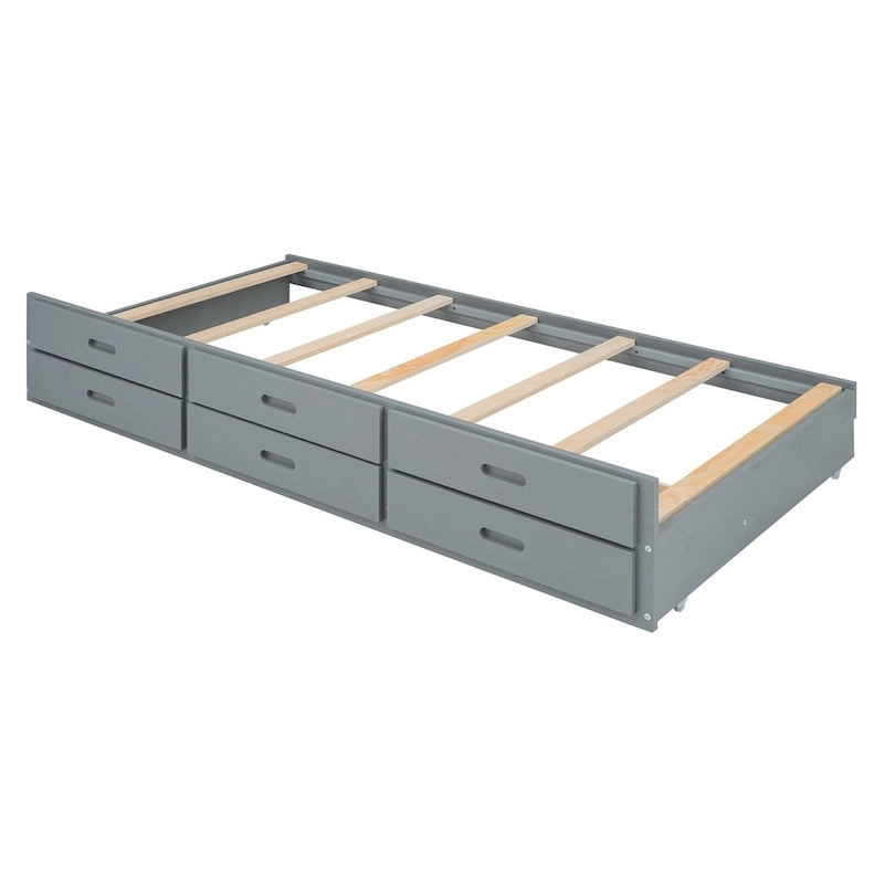 Lit en bois avec rangement, lit gigogne simple et trois tiroirs de rangement