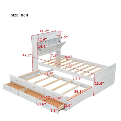 Lit en bois avec rangement, lit gigogne simple et trois tiroirs de rangement
