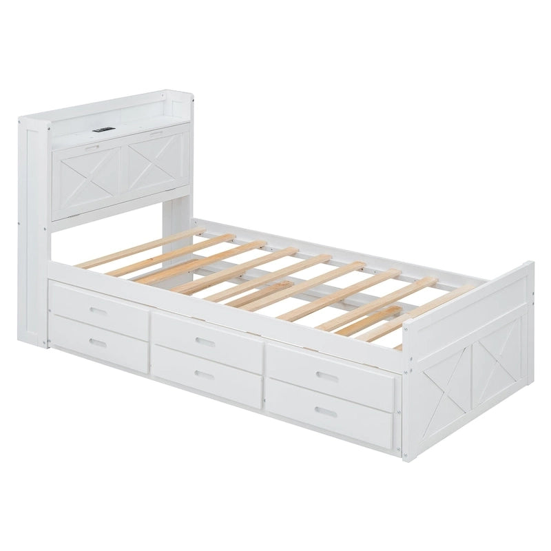Lit en bois avec rangement, lit gigogne simple et trois tiroirs de rangement
