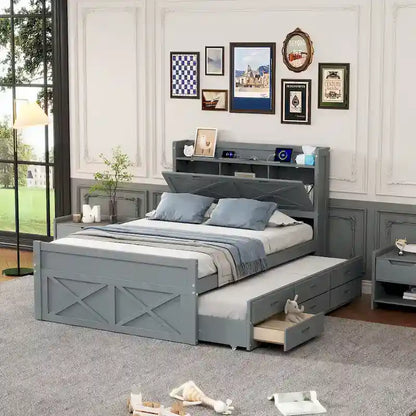 Lit en bois avec rangement, lit gigogne simple et trois tiroirs de rangement
