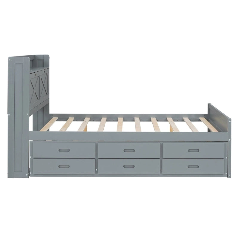 Lit en bois avec rangement, lit gigogne simple et trois tiroirs de rangement