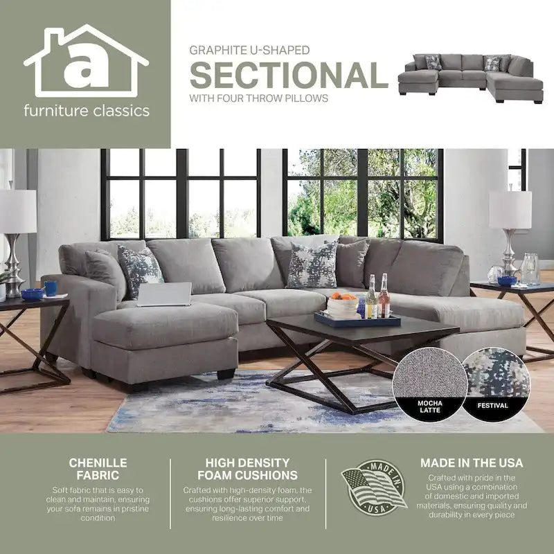 Canapé d'angle en forme de U American Furniture Classics Graphite, modèle A414V6-K2, avec 4 coussins décoratifs