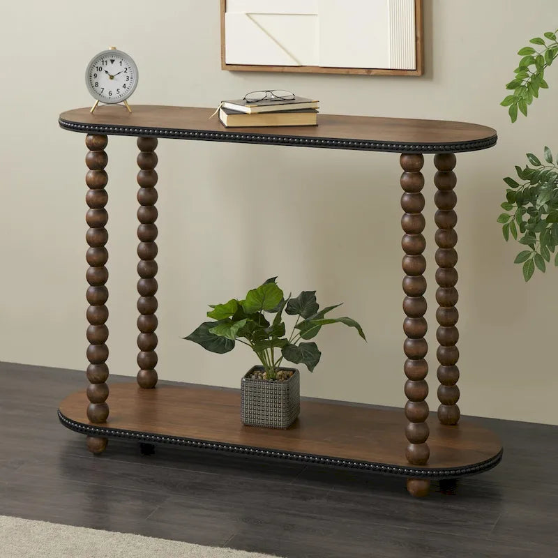 Console ovale en bois à fuseaux, 1 étagère, bords perlés - Brun - Roche River Decor