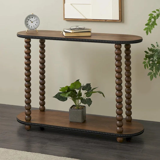 Console ovale en bois à fuseaux, 1 étagère, bords perlés - Brun - Roche River Decor