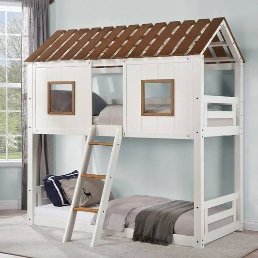Lit superposé en bois blanc et chêne rustique (deux lits simples superposés).