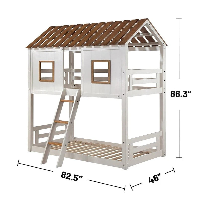 Lit superposé en bois blanc et chêne rustique (deux lits simples superposés).