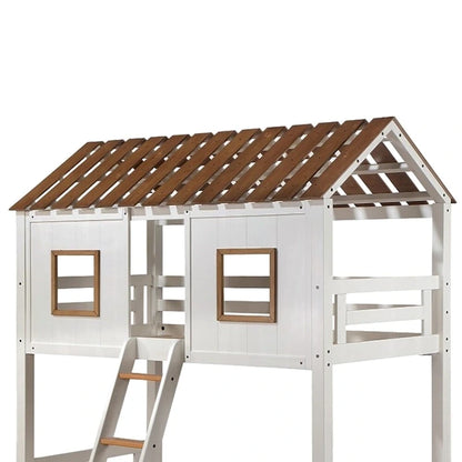 Lit superposé en bois blanc et chêne rustique (deux lits simples superposés).