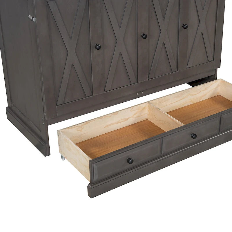 Lit escamotable en pin massif avec commode et tiroir