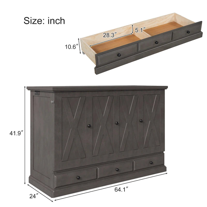 Lit escamotable en pin massif avec commode et tiroir